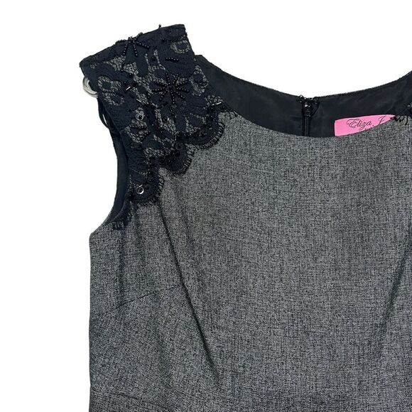 Eliza J Petite Sheath Dress Women's Heather Gray w/ Black Lace Beaded 6P - Picture 10 of 14